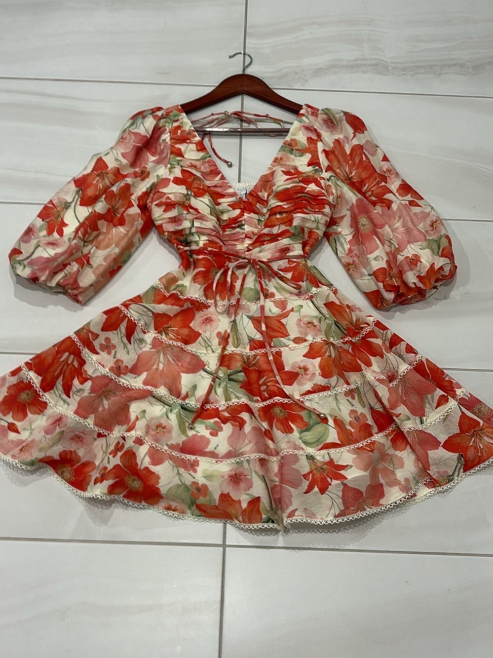 Ever New Red and Cream Floral V-Neck Puff Sleeve Mini Dress